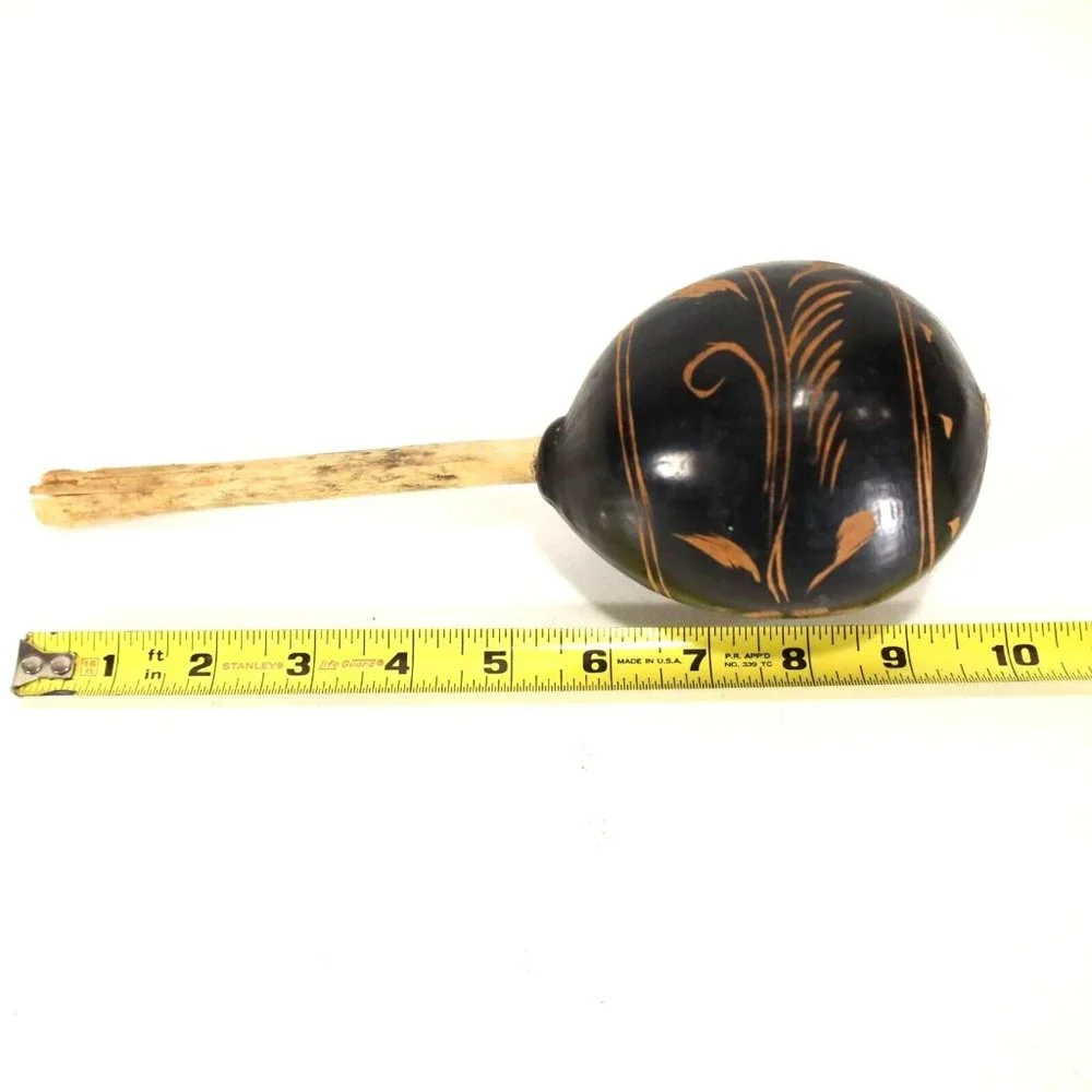 Vintage Peruvian Calabash Maraca Carved Painted 10in